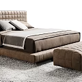 Modern Brown Leather Double Bed With Upholstered Headboard And Bed Bench On Rug 3d model
