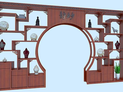 Chinese Style Wooden Antique Display Shelf With Vases Statues And Decorative Items 3d model
