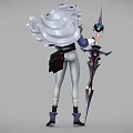 Woman With Silver Hair And Horns In Blue White Outfit Holding Spear With Blue Gem