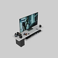 Large Screen Smart TV Showing Action Scene With Gaming Consoles And Sound System