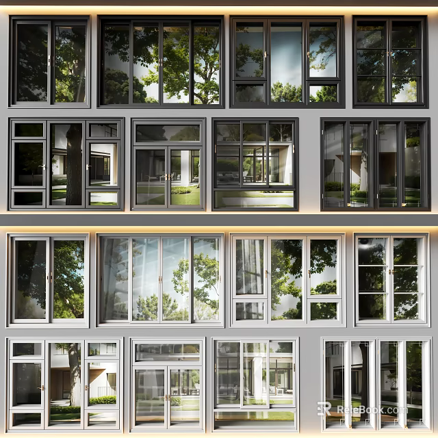 Modern Design Casement Windows on Building Facade with Green Tree View and Black Frames 3d model