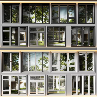 Modern Design Casement Windows on Building Facade with Green Tree View and Black Frames 3d model