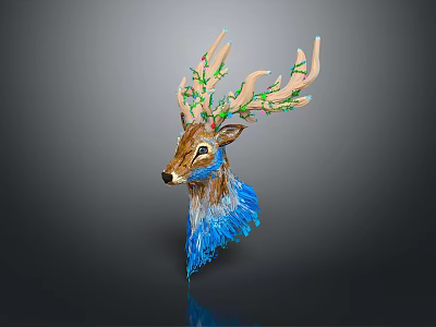 Artistic Deer Head with Green Plants Growing on Antlers and Blue Watercolor Neck 3d model