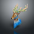 Artistic Deer Head with Green Plants Growing on Antlers and Blue Watercolor Neck