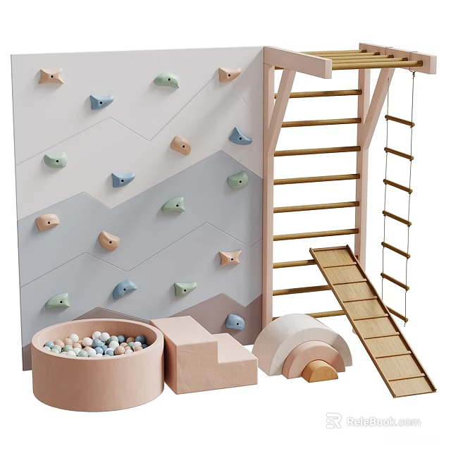 Fun Indoor Children's Playground With Climbing Wall Wooden Ladder Ball Pit And Slide 3d model 