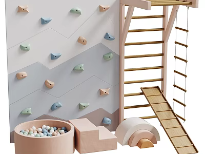 Fun Indoor Children's Playground With Climbing Wall Wooden Ladder Ball Pit And Slide 3d model