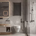 Modern Bathroom With Shower Fixtures Illuminated Shelves Tiled Walls Toilet And Window Blinds