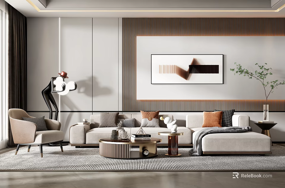 Elegant Modern Living Room Sofa Coffee Table Set With Cushions Abstract Painting And Floor Lamp 3d model 