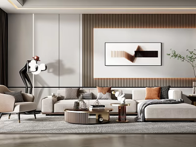 Elegant Modern Living Room Sofa Coffee Table Set With Cushions Abstract Painting And Floor Lamp 3d model