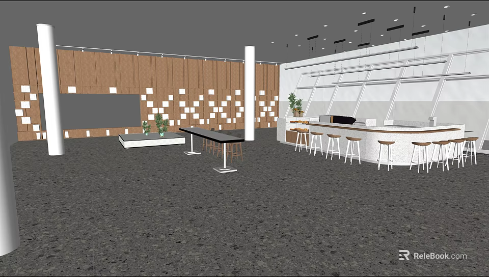 Modern Break Room Interior With Bar Counter Stools Tables Plants And Wall Design 3d model 