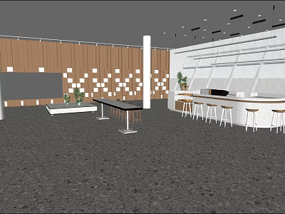 Modern Break Room Interior With Bar Counter Stools Tables Plants And Wall Design 3d model