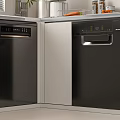 Modern Kitchen With Black Dishwashers Cabinets Countertop Fresh Vegetables And Glass Jars