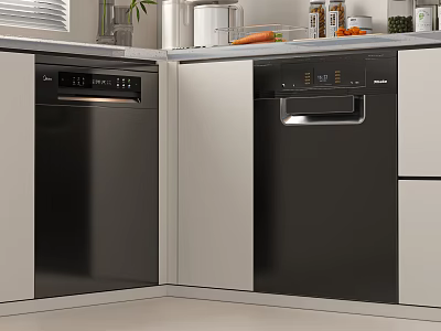 Modern Kitchen With Black Dishwashers Cabinets Countertop Fresh Vegetables And Glass Jars 3d model