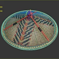 Traditional Handwoven Bamboo Hat With Circular Shape Colorful Striped Pattern Red Straps And Woven Texture
