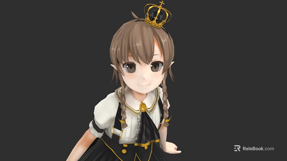 Game Character With Brown Pigtails Golden Crown Elf Ears Black White Outfit And Golden Accents 3d model 