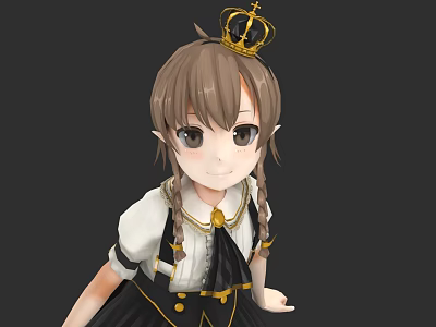Game Character With Brown Pigtails Golden Crown Elf Ears Black White Outfit And Golden Accents 3d model
