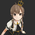 Game Character With Brown Pigtails Golden Crown Elf Ears Black White Outfit And Golden Accents