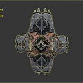 Ornate Symmetric Metal Shield Design With Red Black Geometric Patterns And Rivets