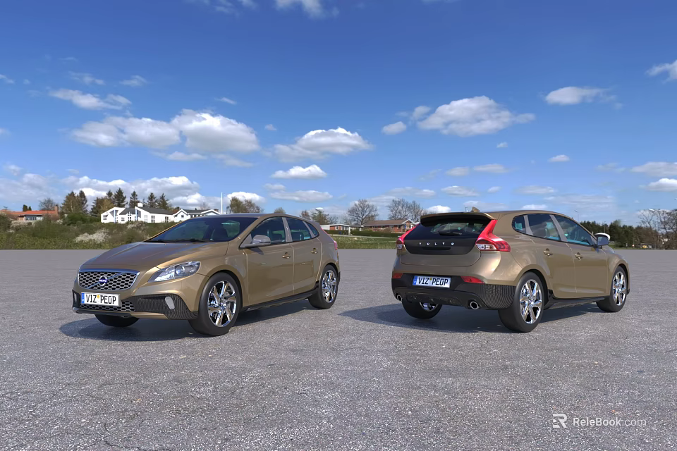 Golden Cars Front And Rear View Parked On Open Ground With Blue Sky 3d model 