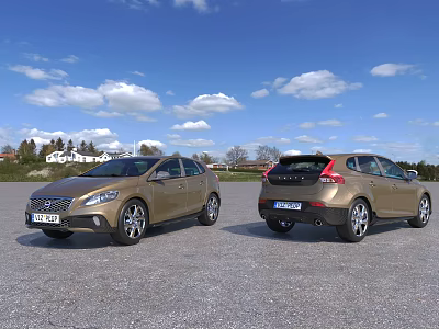 Golden Cars Front And Rear View Parked On Open Ground With Blue Sky 3d model