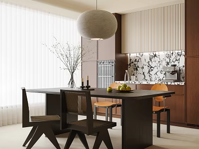 Elegant Modern Dining Table Set With Wooden Chairs Pendant Light Vase And Fruits 3d model