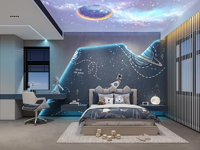 Starry Themed Kids Room With Starry Ceiling Wall Bed And Study Desk 3d model