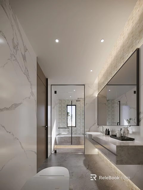 Modern Bathroom Interior Design With Marble Walls Large Mirror Vanity Bathtub And Recessed Lighting 3d model 