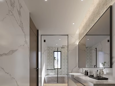 Modern Bathroom Interior Design With Marble Walls Large Mirror Vanity Bathtub And Recessed Lighting 3d model