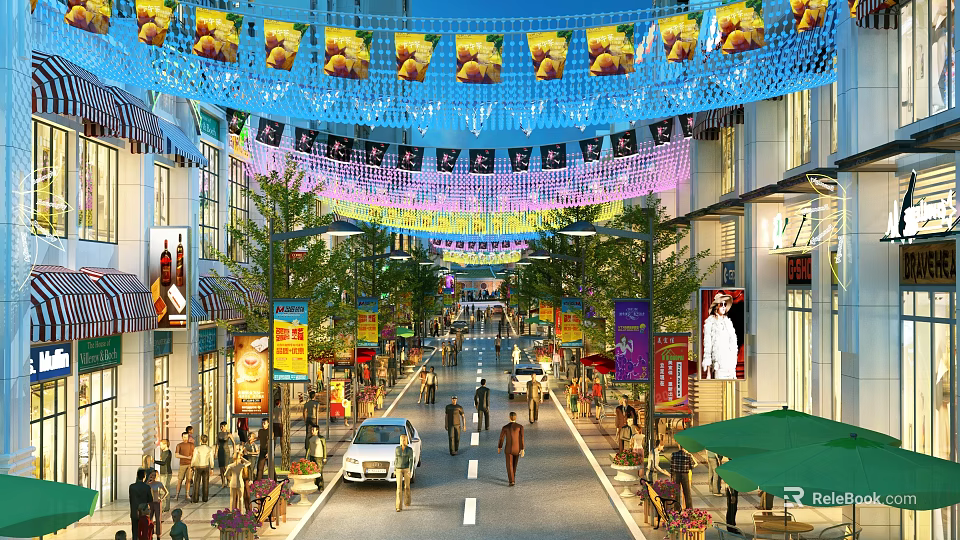 Bustling Commercial Street With Colorful Decorations Pedestrians Shops Trees Street Lamps And Cars 3d model 