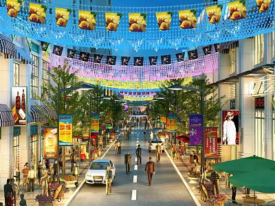 Bustling Commercial Street With Colorful Decorations Pedestrians Shops Trees Street Lamps And Cars 3d model