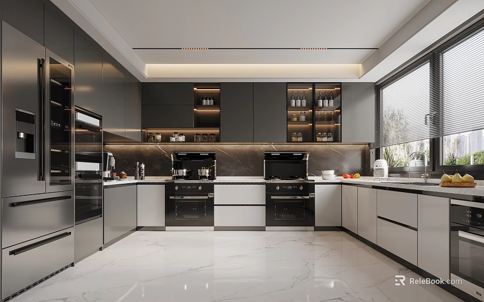 Modern Kitchen Interior With Black White Cabinets Marble Countertops And Appliances 3d model 