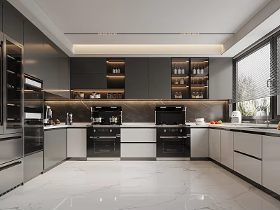Modern Kitchen Interior With Black White Cabinets Marble Countertops And Appliances 3d model