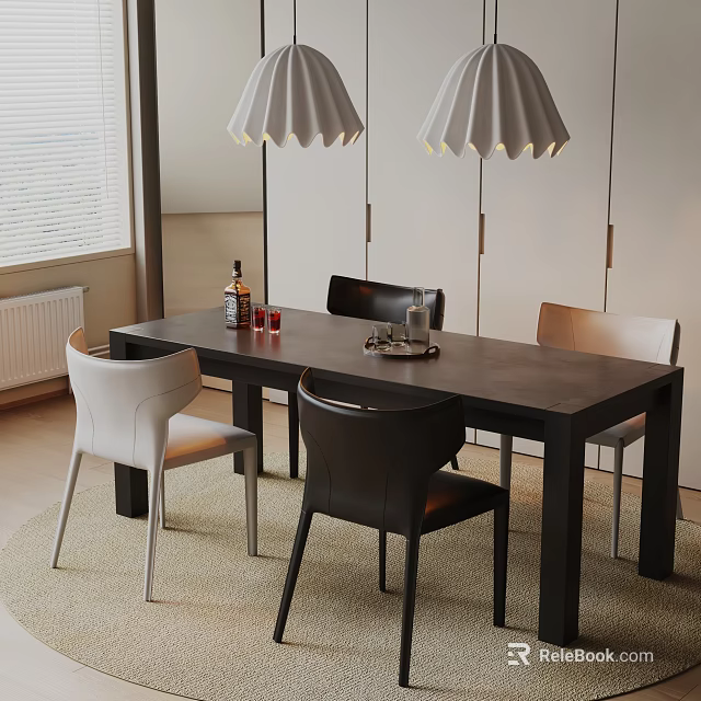 Modern Dining Table Set With Black And White Chairs Pendant Lights And Wine Glasses 3d model 