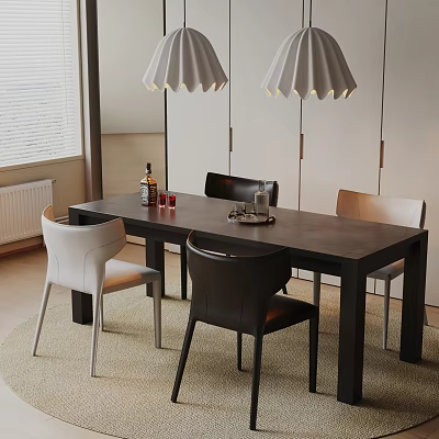 Modern Dining Table Set With Black And White Chairs Pendant Lights And Wine Glasses 3d model