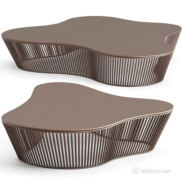 Two Modern Brown Coffee Tables With Irregular Shape And Slatted Base Design 3d model 