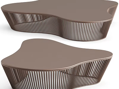 Two Modern Brown Coffee Tables With Irregular Shape And Slatted Base Design 3d model