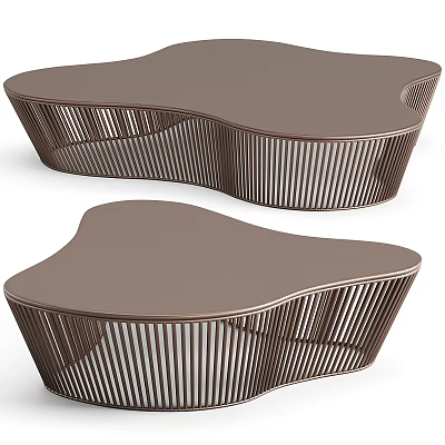 Two Modern Brown Coffee Tables With Irregular Shape And Slatted Base Design 3d model