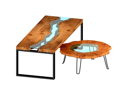 Rectangular And Round Wooden Coffee Tables With Blue Inlaid Design And Metal Frames 3d model