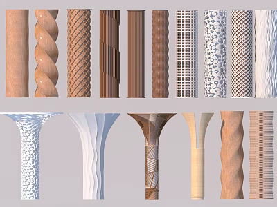 Various Decorative Columns With Twisted Perforated And Textured Patterns In Wooden And Stone Finishes 3d model