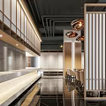 Modern Restaurant Interior With Wooden Slat Partitions Pendant Lights And Reflective Flooring