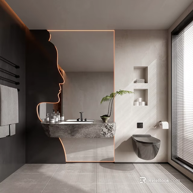 Modern Bathroom Interior Design Featuring Large Mirror Stone Basin Green Plant Wall Niche And Toilet 3d model 