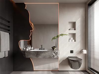 Modern Bathroom Interior Design Featuring Large Mirror Stone Basin Green Plant Wall Niche And Toilet 3d model