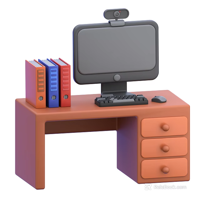 Home Office Orange Desk Setup with Monitor Keyboard Mouse Colorful Folders and Drawers 3d model 