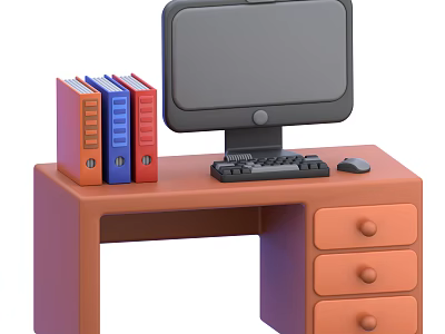 Home Office Orange Desk Setup with Monitor Keyboard Mouse Colorful Folders and Drawers 3d model
