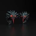 Dragon Heads with Red Eyes and Bleeding Tongues on Black Background and Intricate Horns