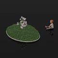 Purple Flowers On Green Grass With Child Sitting Nearby Against Sunset Sky With Clouds