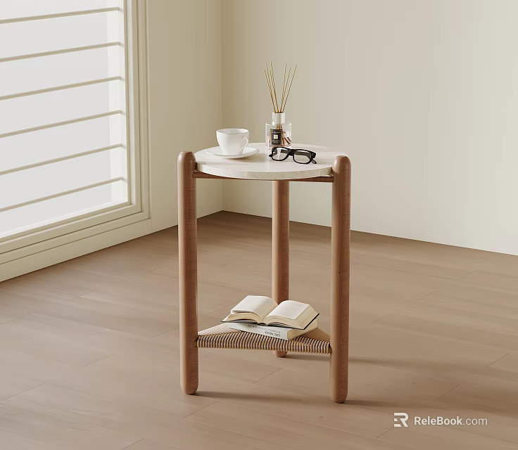 Wooden Side Table With White Tabletop Rattan Shelf And Open Book White Cup Diffuser Eyeglasses 3d model 