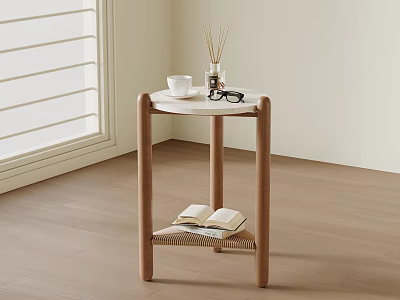 Wooden Side Table With White Tabletop Rattan Shelf And Open Book White Cup Diffuser Eyeglasses 3d model