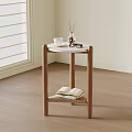 Wooden Side Table With White Tabletop Rattan Shelf And Open Book White Cup Diffuser Eyeglasses 3d model