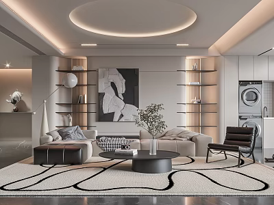 Modern Living Room With Beige Sofa Coffee Table Black White Carpet Decorative Painting And Bookshelves 3d model